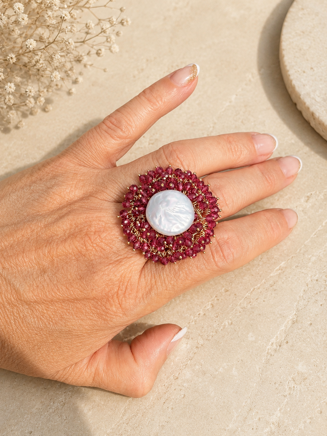 Pearl Ring (ruby, green, brown)